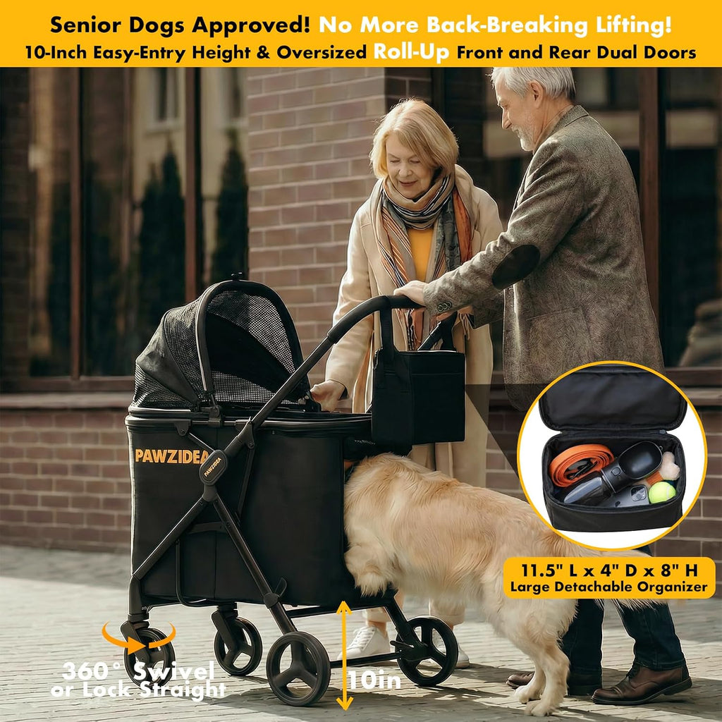 PAWZIDEA Pet Stroller for Medium to Large Dogs, One-Hand Foldable,Low-Entry