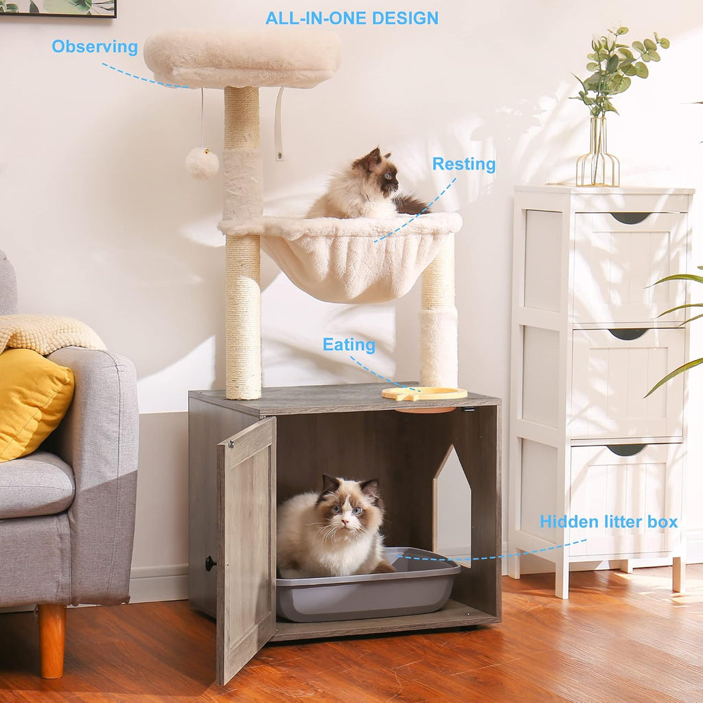 Hey-brother Cat Tree Tower, Litter Box Enclosure, Food Station, MPJ100SG