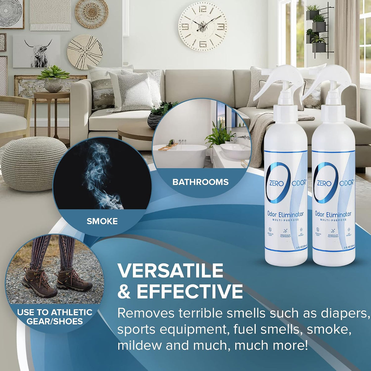 Zero Odor - Pet Stain Remover & Odor Eliminator 16 Oz -Multi-Purpose Household Odor Eliminator, Trigger Spray, 8oz Two Pack