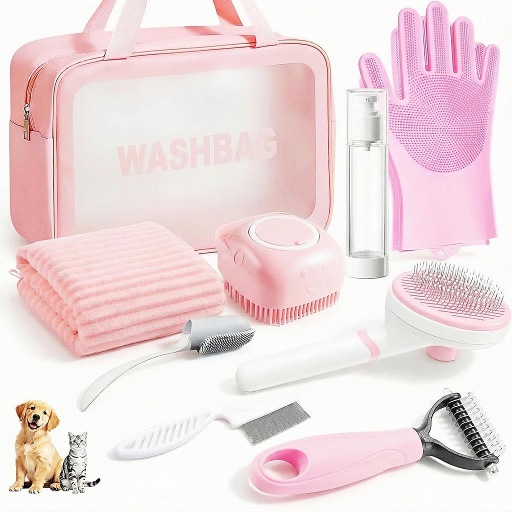 4PCS Dog Bath Kit & Dog Brush Kit for Dogs & Cats - Professional Pet Grooming Tools Set with Shedding Brush, Bath Scrubber, Dematting Comb & Storage Bag - Complete Dog Washing Essentials, Pink