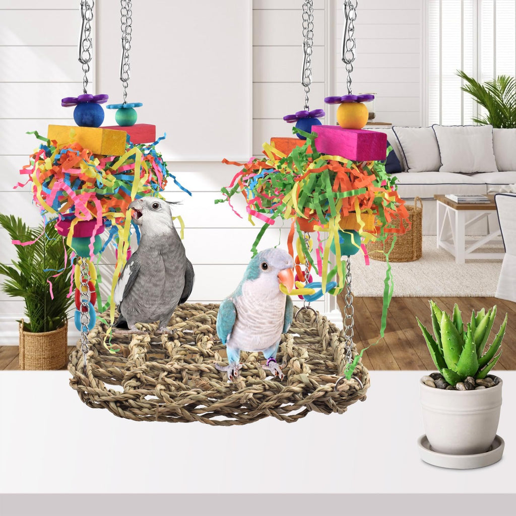 KATUMO Conure Toys, Bird Grass Swing Mat Parrot Climbing Hammock with Colorful Toys for Parakeet, Cockatiel, Sun Conure, Lovebird, Budgie, Small Birds (Pack of 2)