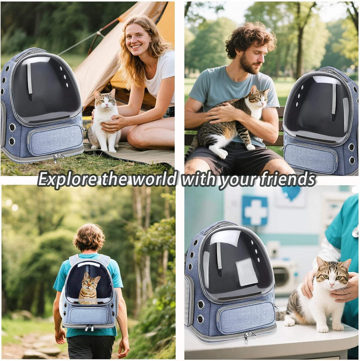 Cat Carrier with Groomer, Breathable Cat Bubble Carrier for Cats or Small Dogs up to 20 lbs, Collapsible Airline Approved, Clear Cat Travel Backpack (Blue)
