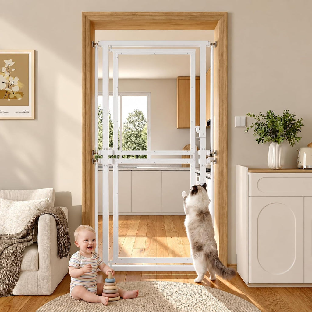 Feonase 73.6" Extra Tall Cat Gate, Full Clear Acrylic, 29.5-32.3"W, White