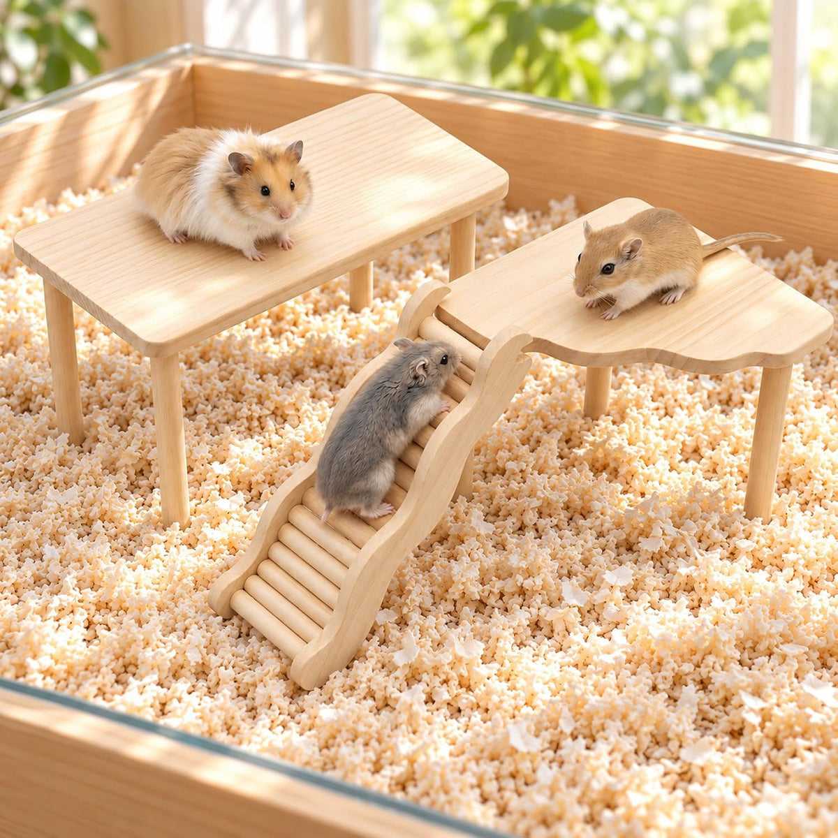 3-Piece Hamster Wood Platform Set with Wave Climbing Ladder, Natural Cage Accessories with Food & Water Stations, Climbing Enrichment for Dwarf, Syrian Hamsters, Mice & Gerbils