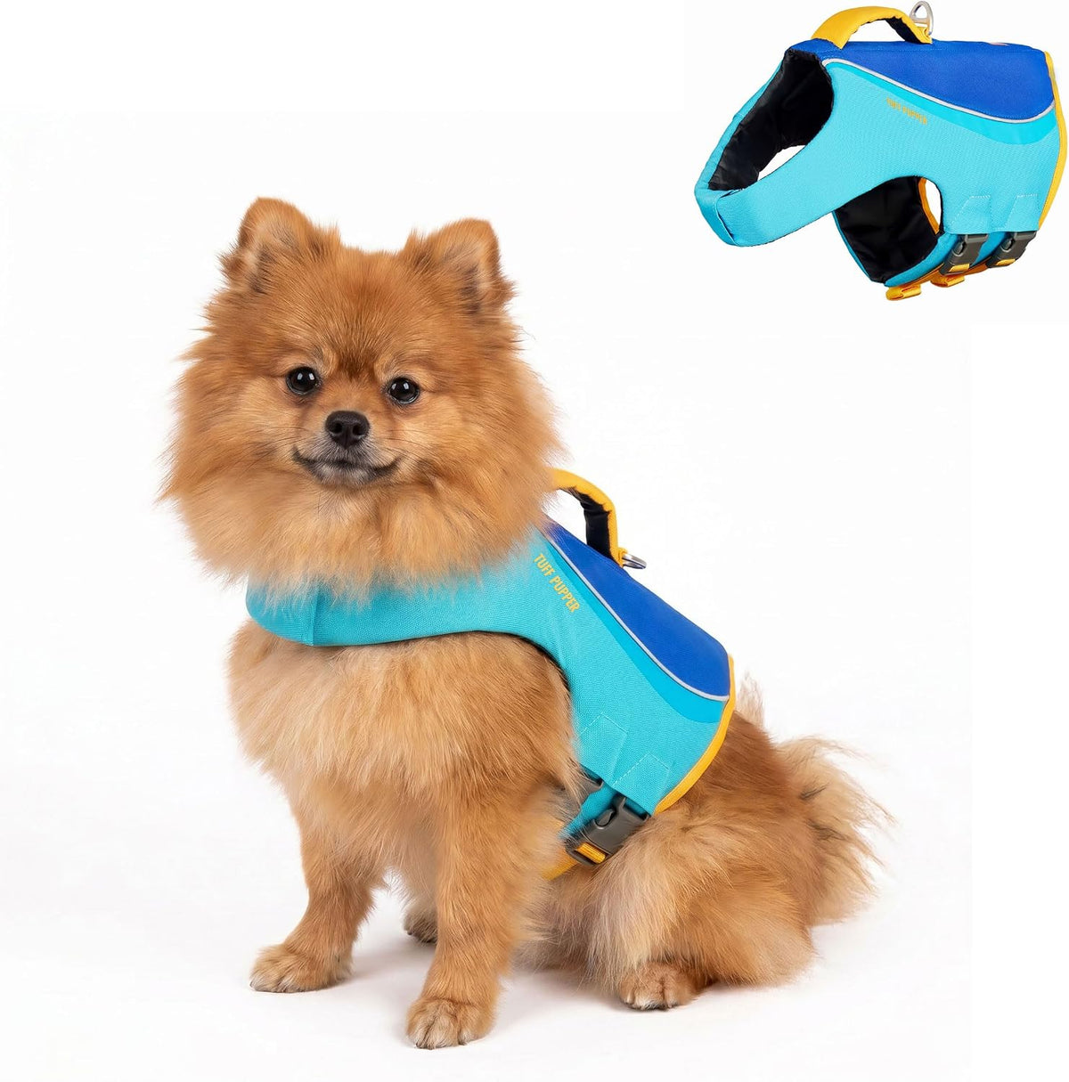 Tuff Pupper Dog Life Jacket | High Buoyancy Dog Swim Vest with Rescue Handle | Adjustable Secure Fit | Reflective Safety Trim | Pet Flotation Jacket for Swimming Boating Kayaking (Blue/Yellow, XXS)