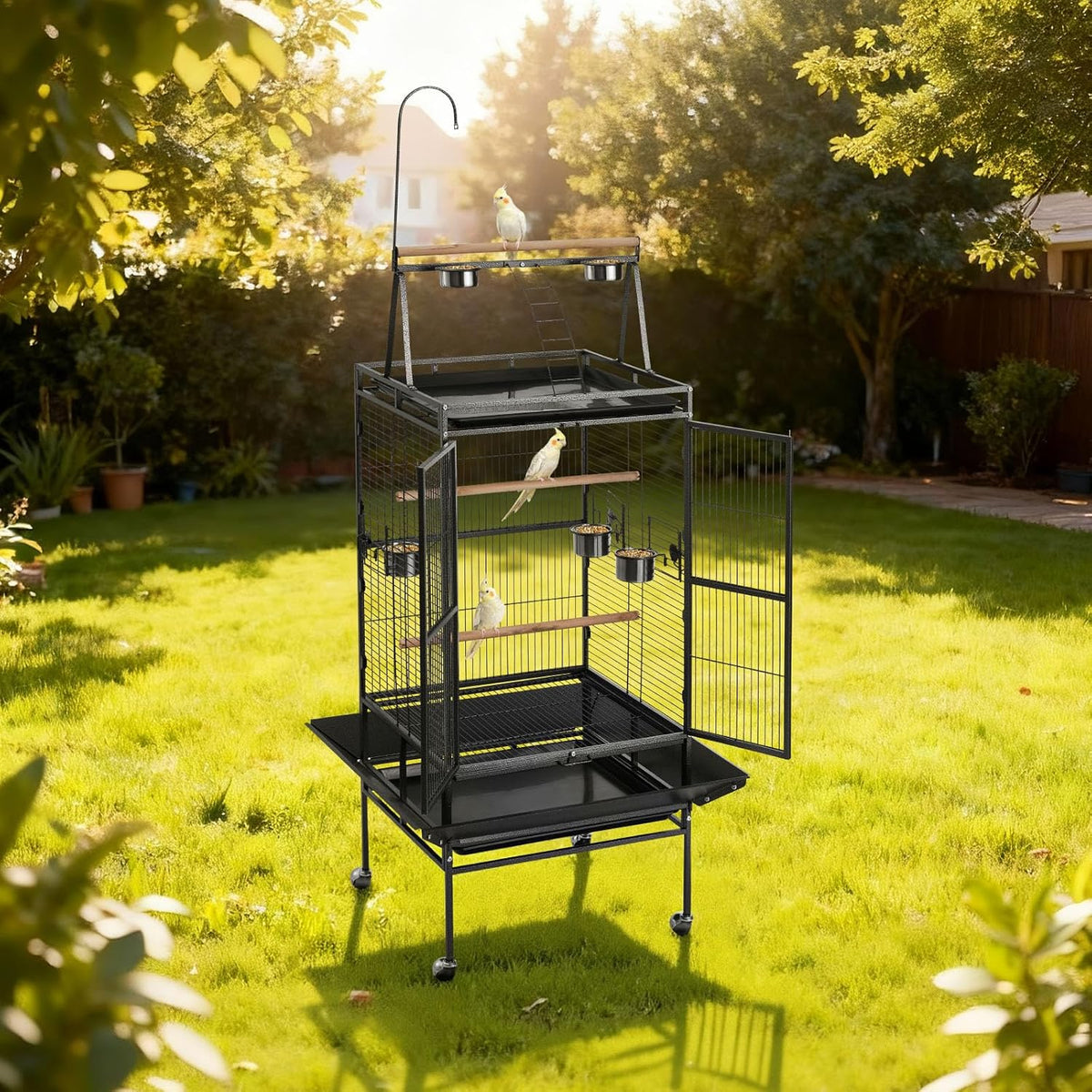 VEVOR Bird Cage, 32.7 x 31.1 x 82.7 inch, Open Flat Top, Wrought Iron Bird Flight Cage with Perches, Slide-Out Tray, Plastic Feeders, for Cockatiel, Monk Parakeet, Amazon Parrot, African Grey Parrot