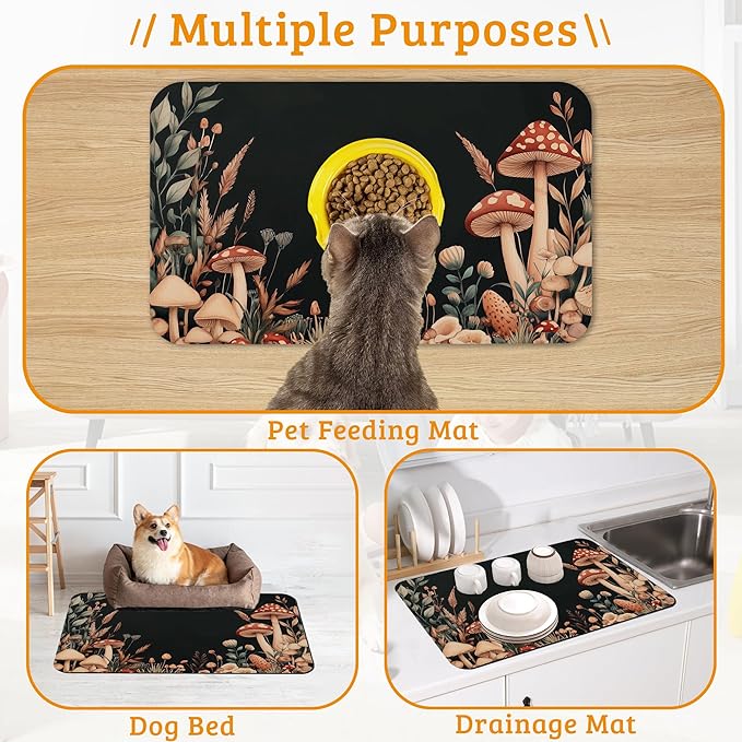 Vintage Mushroom Dog Food Mat, Leaf Absorbent Pet Feeding Mat - Image 7