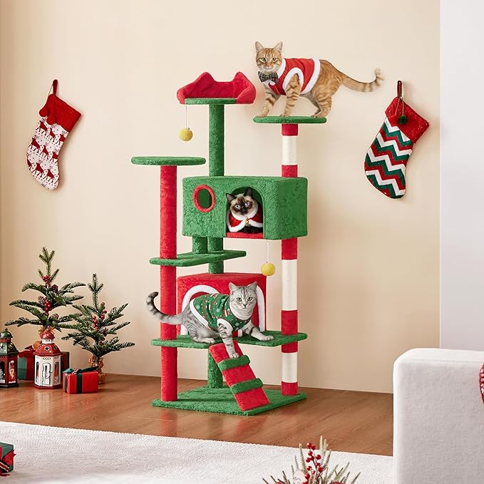 Yaheetech 54in Christmas Cat Tree, 2 Cozy Caves, Scratching Posts, Climbing - Image 3