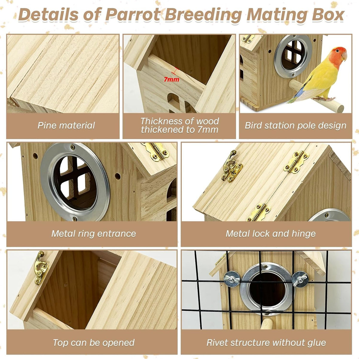PINVNBY Parakeet Nesting Box Wooden Bird House for Cage Parrot Breeding Mating Box for Lovebirds Cockatiel Finch Cockatoo Canary and Small and Medium-Sized Birds (M: 7.91 * 6.3 * 5.82 inch)