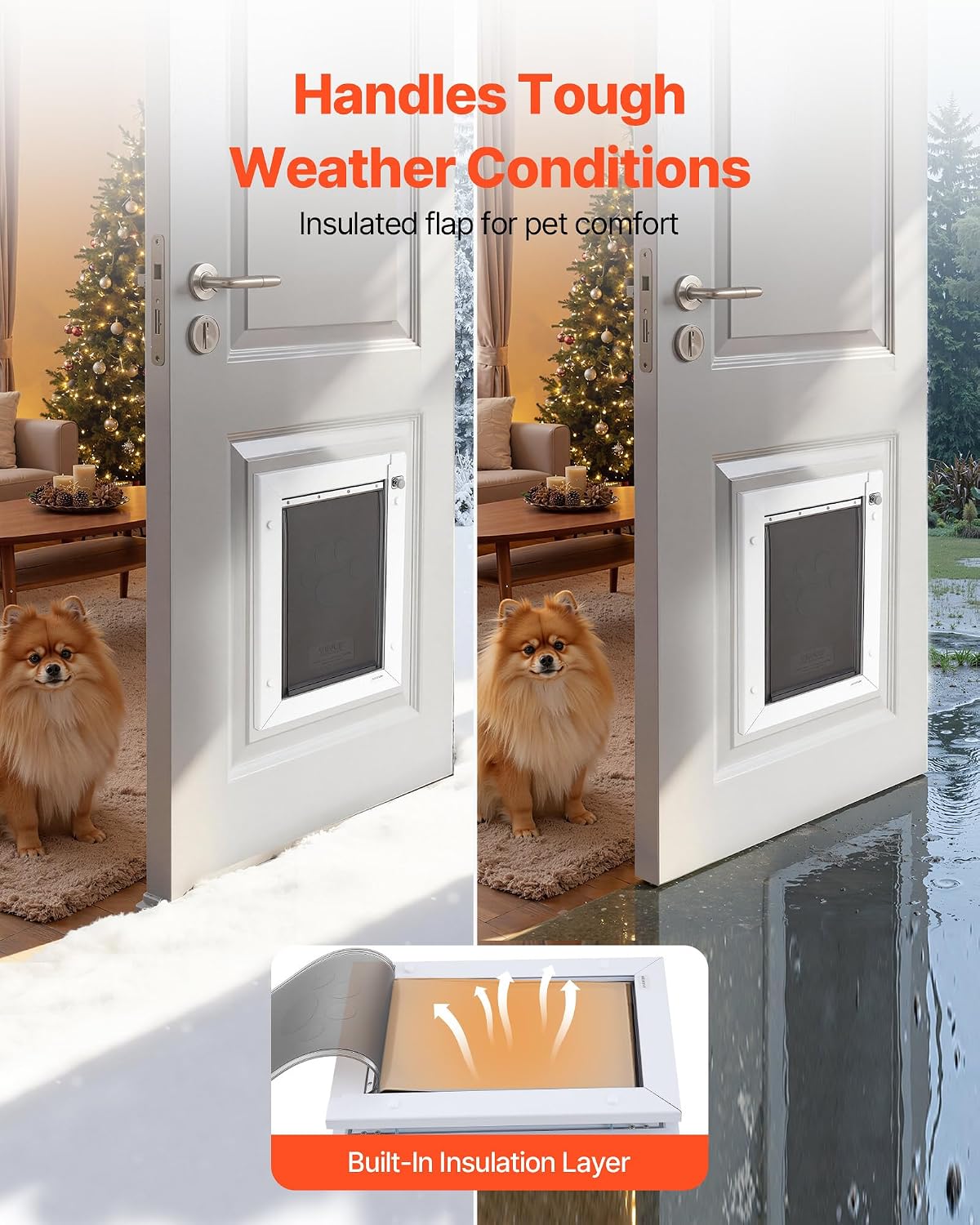 VEVOR Pet Door, Medium, with Three Magnetic Flaps and Metal Frame, Strong and Weatherproof Dog Door for Interior and Exterior Doors, Easy to Install, Easy in-and-Out Access for Doggies, White