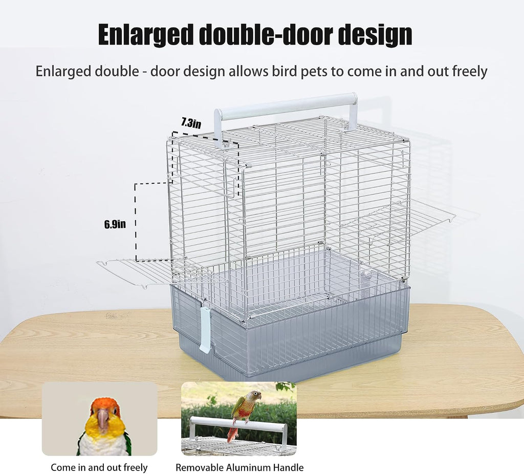 Stainless Steel Travel Bird Cage, 304 Portable Foldable Carrier for Parrots, Conures, Cockatiels, Parakeets – 17 Inch Large Birdcage with Aluminum Handle & Perch(Blue, Large Birdcage)