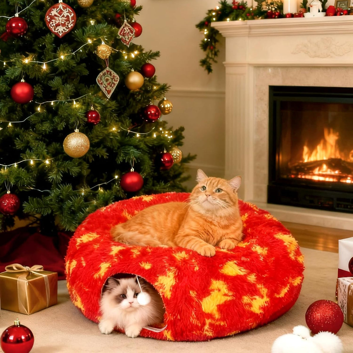 TIMIEEYA Cat Tunnel Christmas Tree Skirt - Christmas Cat Toy Circle Tunnel with Toy Ball, Soft Plush Multifunctional Decorative Cats Tunnels Bed for Indoor Cats(Red)