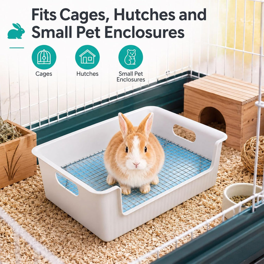 Rabbit Litter Box with Grate, Large Bunny Litter Pan for Cage, PP Toilet Tray with Removable Stainless Steel Grid, 10 Pee Pads, Brush and Non Slip Feet