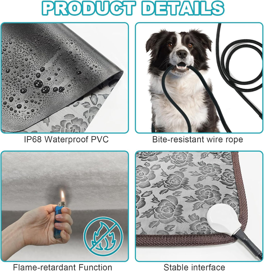 Large Dog Heating Pad for Dogs, Pet Heating Pad Electric, Waterproof, Heated Dog Bed with Timer, with Smart Thermostat Switch, Add Wire Rope with Blue Fabric Cover (Rose, 34x21 in)