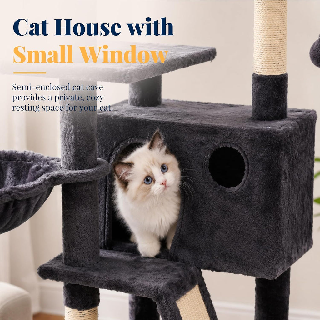 Hey-brother Cat Tree Tower with Padded Platform Bed, Hammock, MPJ019-SG