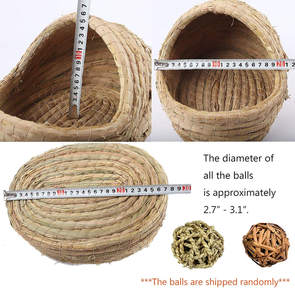 Bunny Grass Bed, Rabbit Woven Hay Bed, Small Pets Natural Handcrafted Grass House with Hay Chew Balls for Chinchillas Guinea Pigs Hedgehog Rat 3PCS