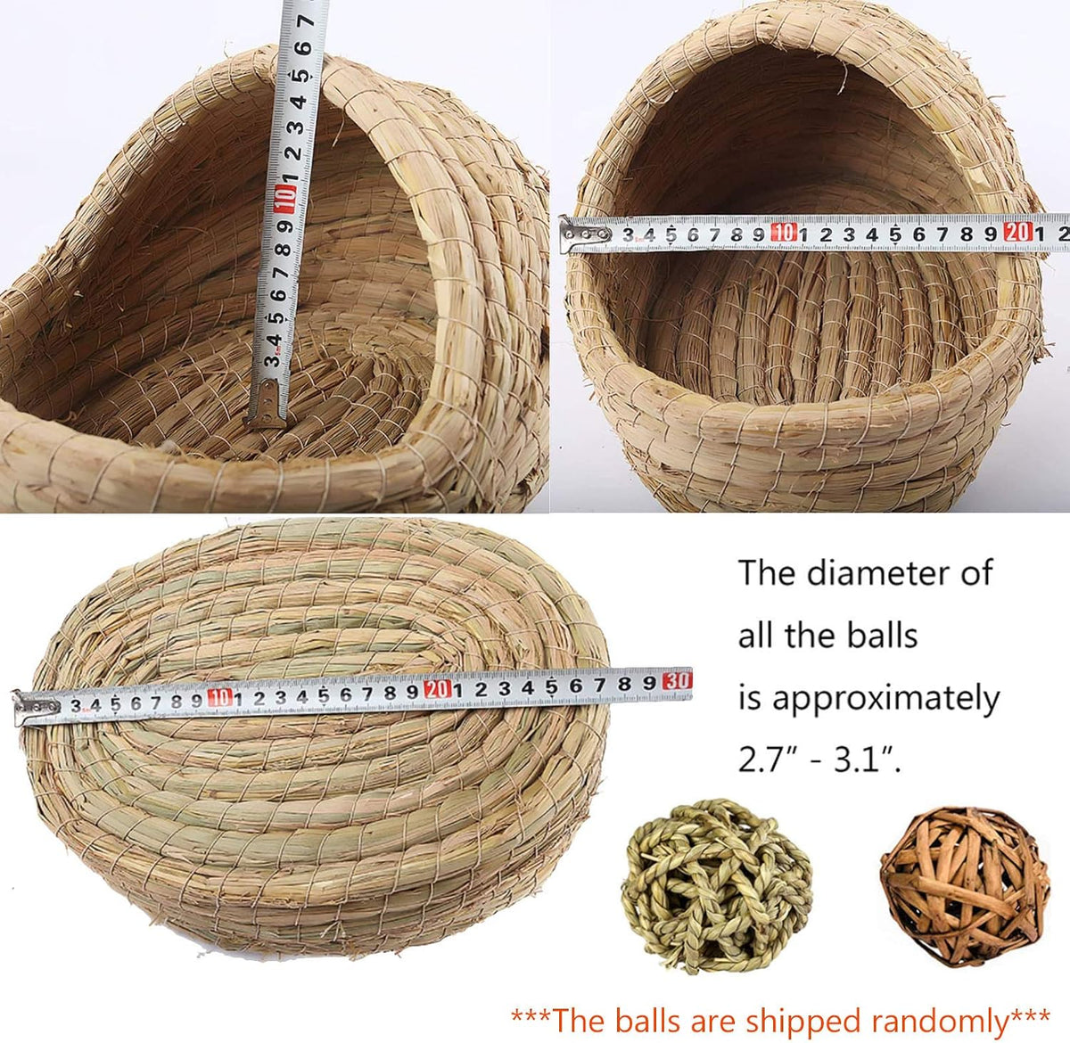 Bunny Grass Bed, Rabbit Woven Hay Bed, Small Pets Natural Handcrafted Grass House with Hay Chew Balls for Chinchillas Guinea Pigs Hedgehog Rat 3PCS