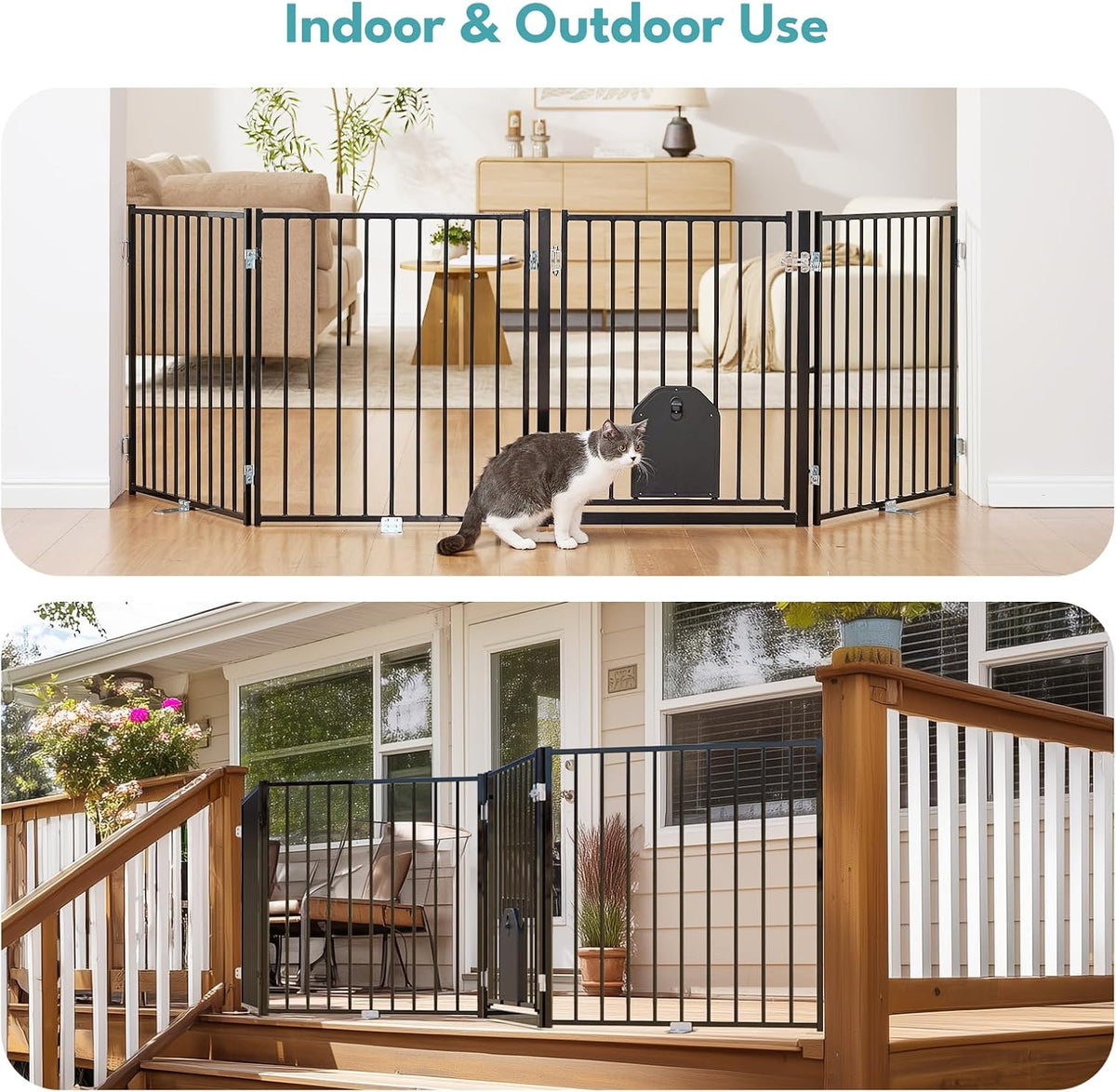 No Pawblems Freestanding Dog Gate with Cat Door for Indoor & Outdoor,Black