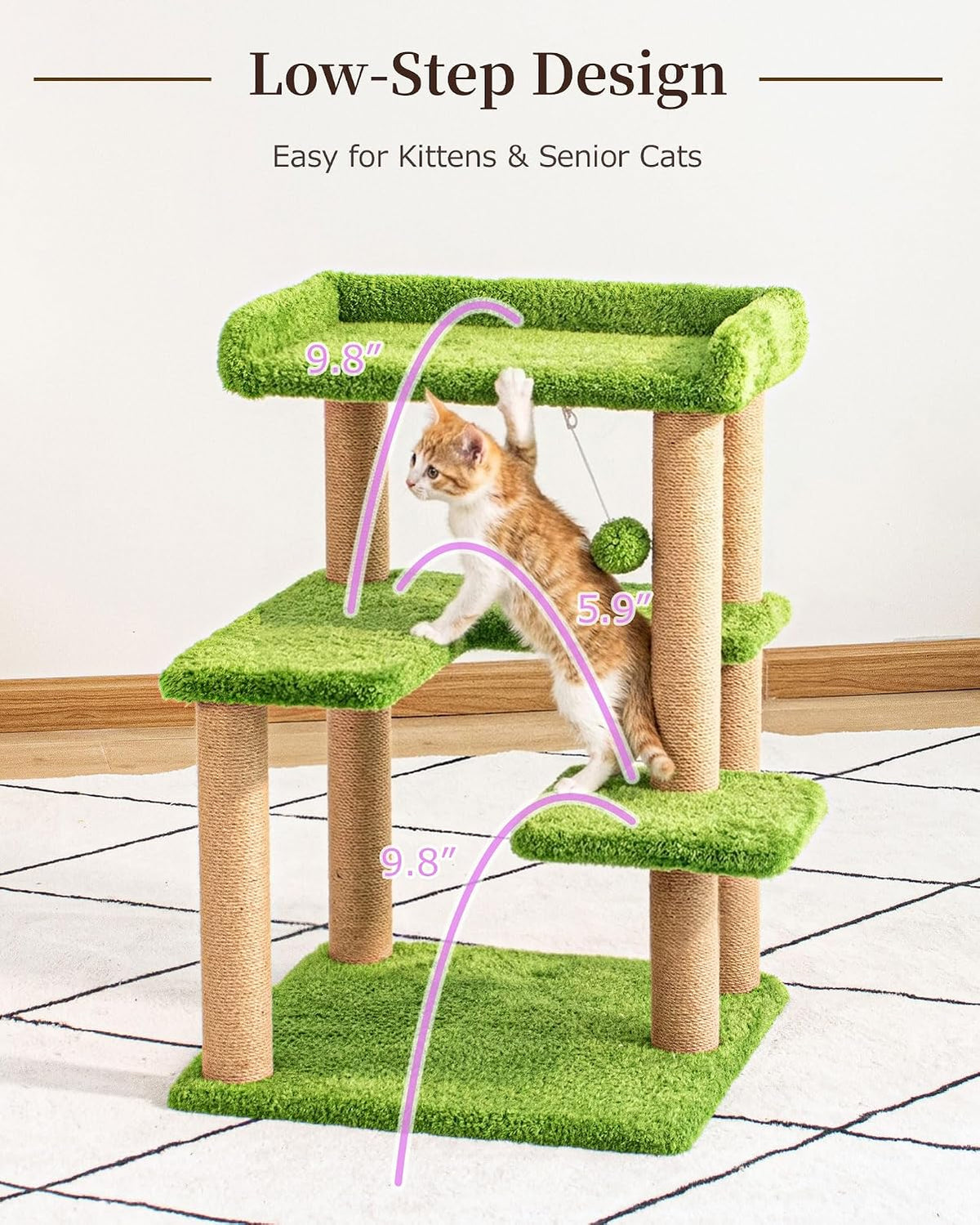 Cat Tree for Indoor Large Cat, 30'' Senior Friendly Modern Small Cat Tower with Wide Perch, Low Step, Cotton Scratching Posts, Sturdy Base, Cozy Perches, Interactive Toys(Green Pile Fabric)