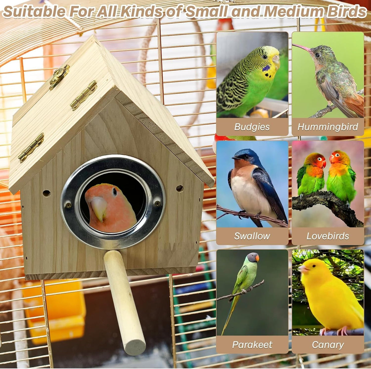 PINVNBY Parakeet Nesting Box Wooden Bird House for Cage Parrot Breeding Mating Box for Lovebirds CockatielFinch Cockatoo Canary and Small and Medium-Sized Birds (L: 7.91 * 6.81 * 6.69 inch)