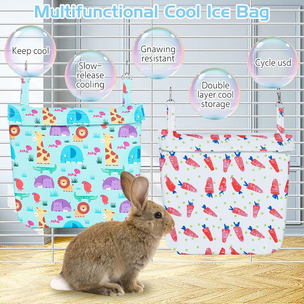 Hamiledyi Rabbit Cooling Pouch with Ice Pack - No Condensation Pad for Bunny Cage Accessories, Washable Cooling Mat for Small Animals,Ferret, Guinea Pig, Chinchilla(Carrot and Animal Pattern, 2kits)