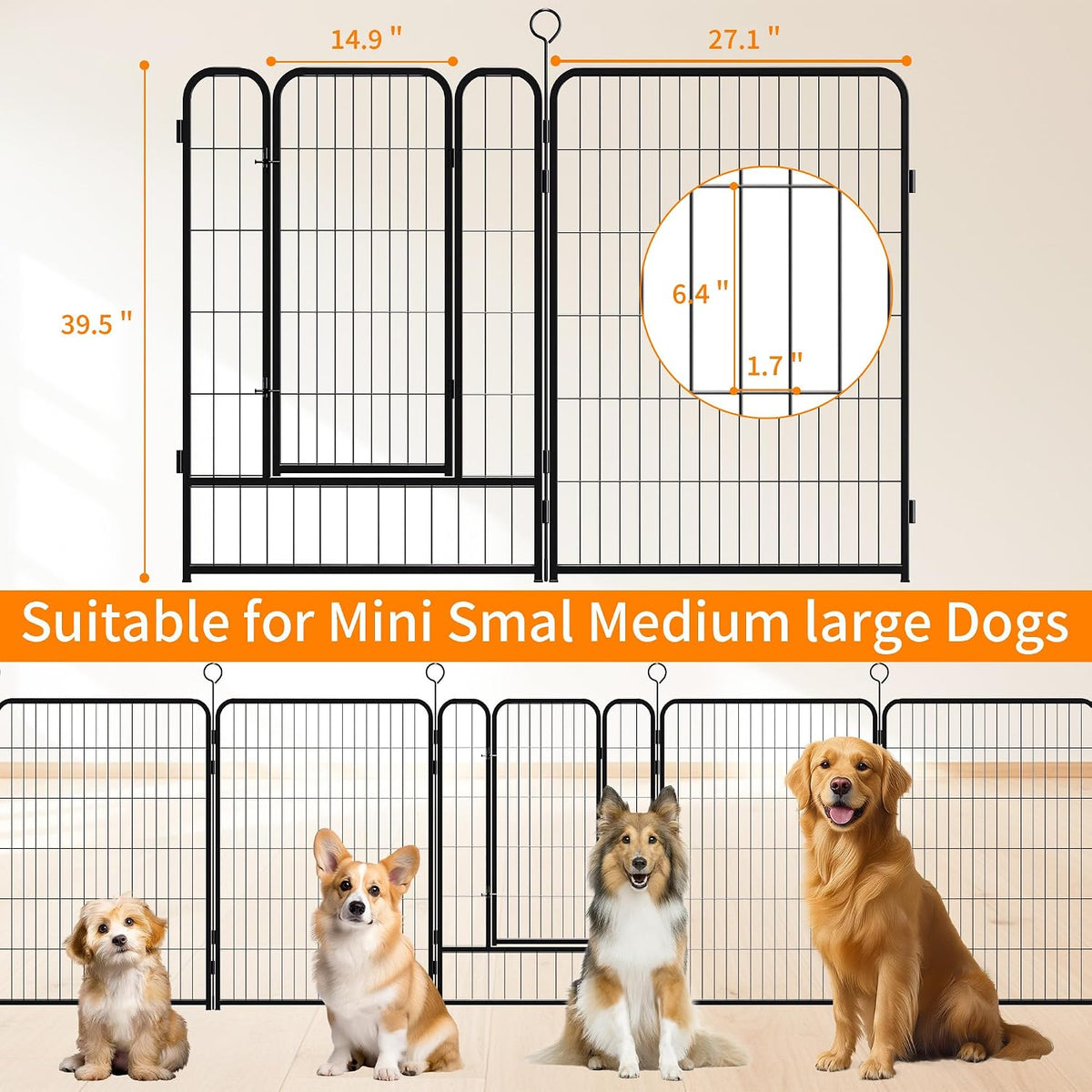 GDFStudio 40" H Extra Wide 16 Panels Dog Playpen, Heavy Duty Puppy Playpen Foldable Pet Gate with Door, Heavy Duty Dog Fence Exercise Pen, Puppy Crate Kennel for Yard RV Camping Outdoor Indoor, Black