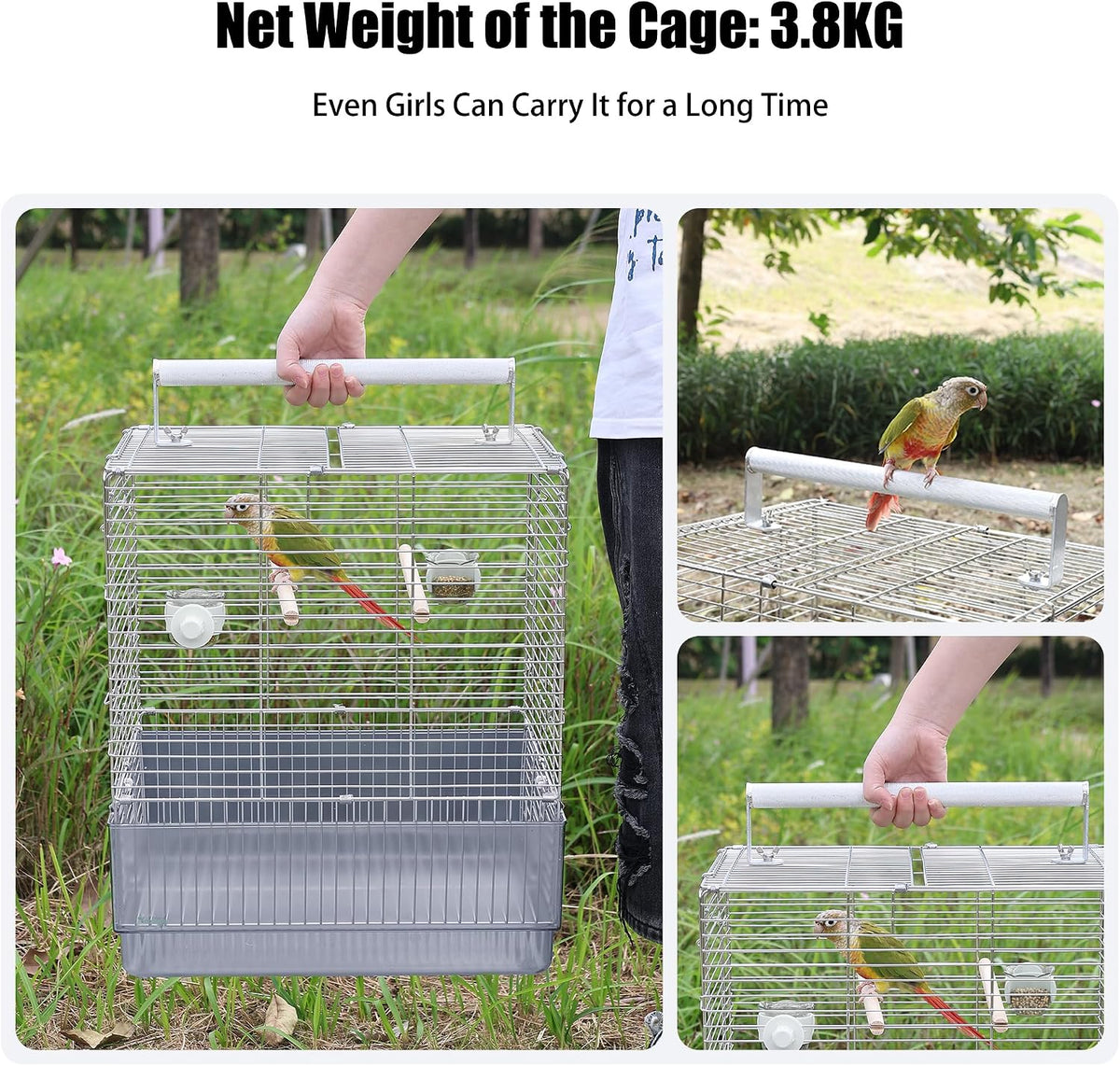 Stainless Steel Travel Bird Cage, 304 Portable Foldable Carrier for Parrots, Conures, Cockatiels, Parakeets – 17 Inch Large Birdcage with Aluminum Handle & Perch(Blue, Large Birdcage)