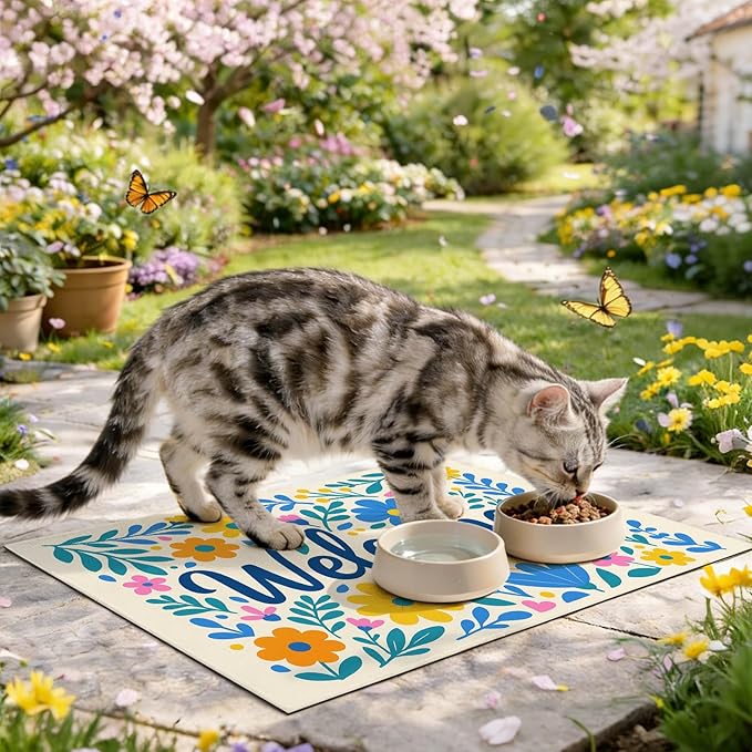 Spring Pet Feeding Mat 24" x 16" Colorful Welcome Floral Design Non Slip Dog - Image 8