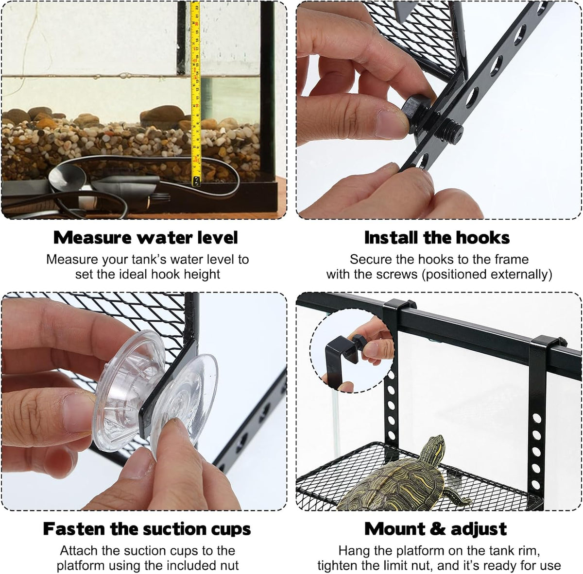 FMOACEN Hanging Turtle Basking Platform Heavy Duty Metal Dock Non-Slip Ramp Height Adjustable Dual Hooks Easy Install Fits 10-20 Gallon Tanks Reptile Tank Accessories for Baby Turtle Frogs
