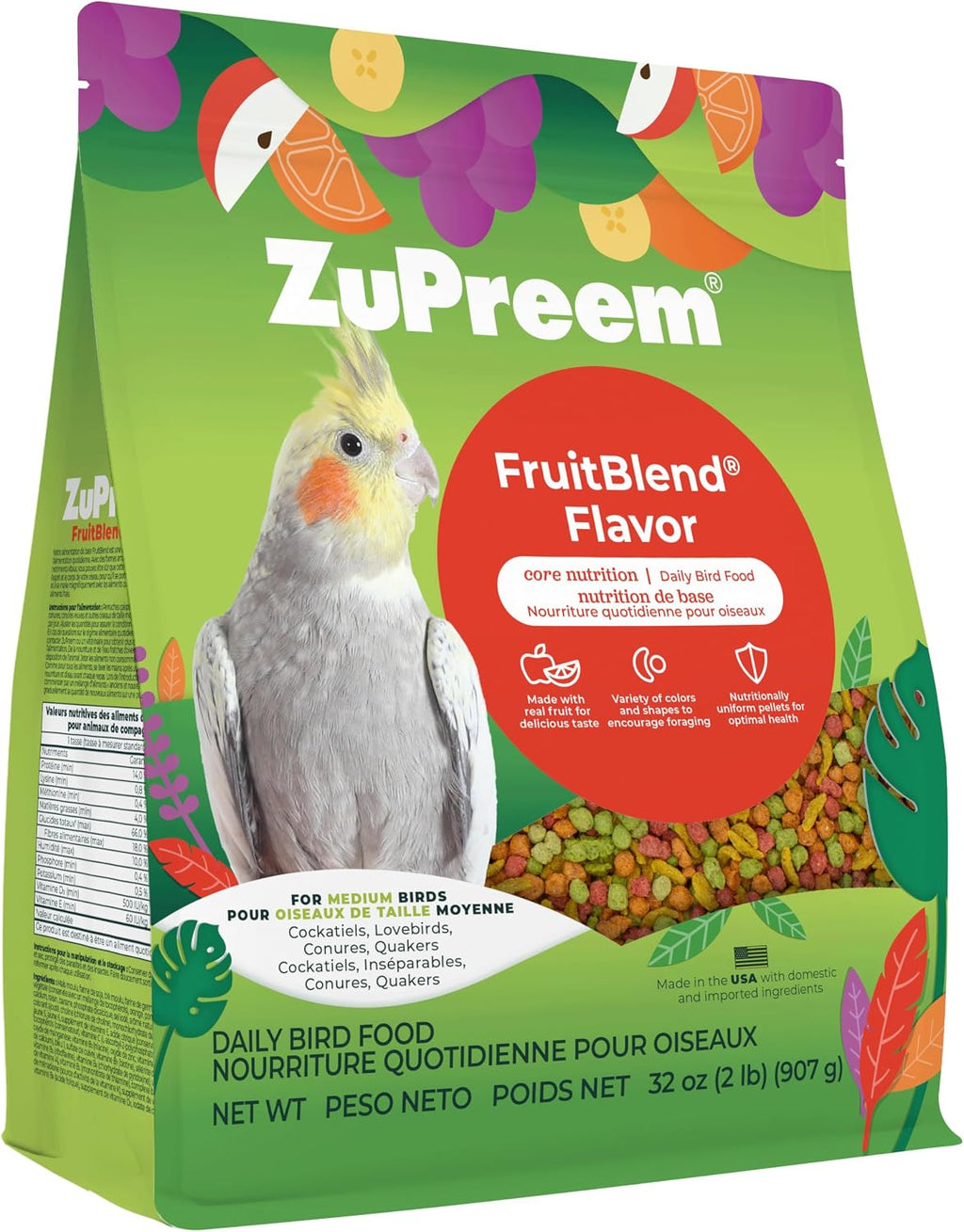ZuPreem FruitBlend Cockatiel & Conure Food, Uniform Bird Food, M, 2 lb
