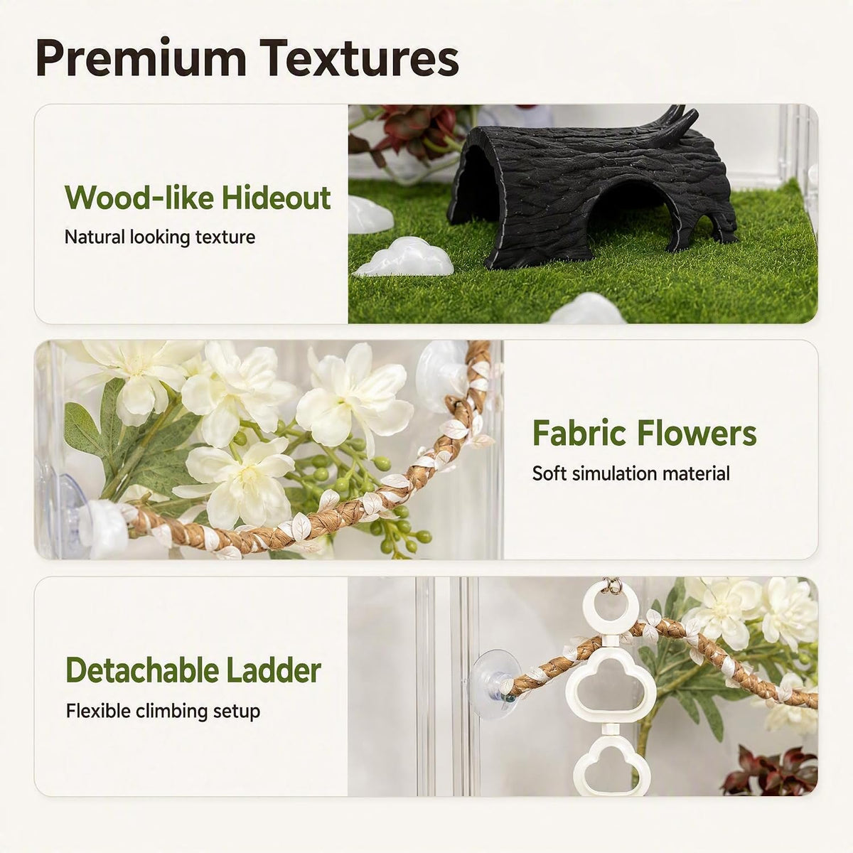 9-Piece Crested Gecko Tank Accessories Set, White Reptile Terrarium Decor with Bendable Vines, Artificial Plants, Climbing Ladder, Leaf Platform and Hideouts for Geckos and Lizards