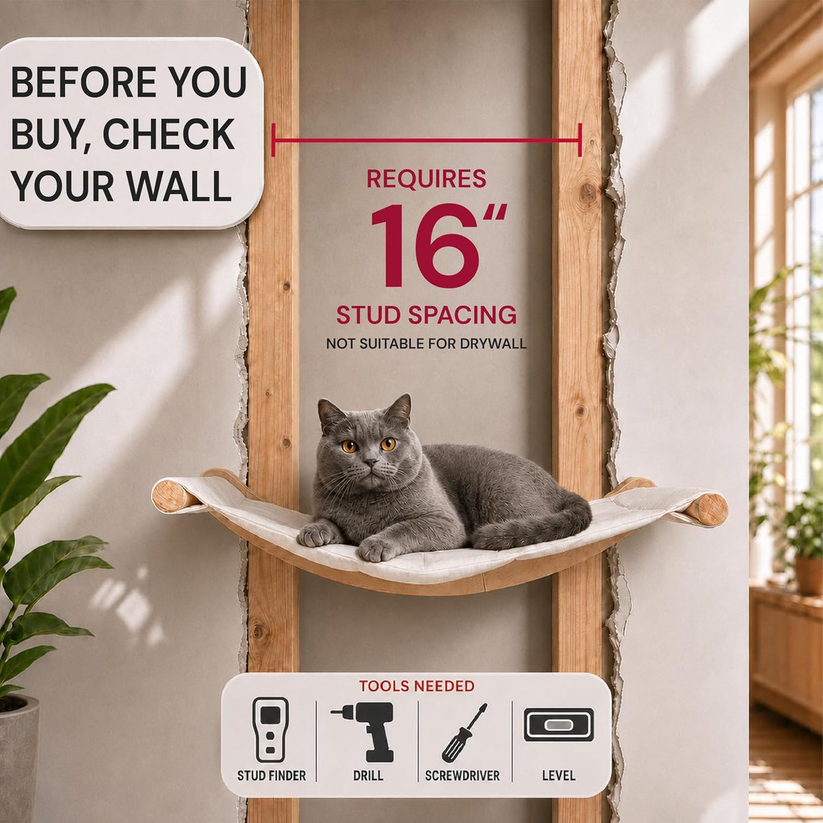 Cat Wall Hammock with 2 Steps for Large Cats