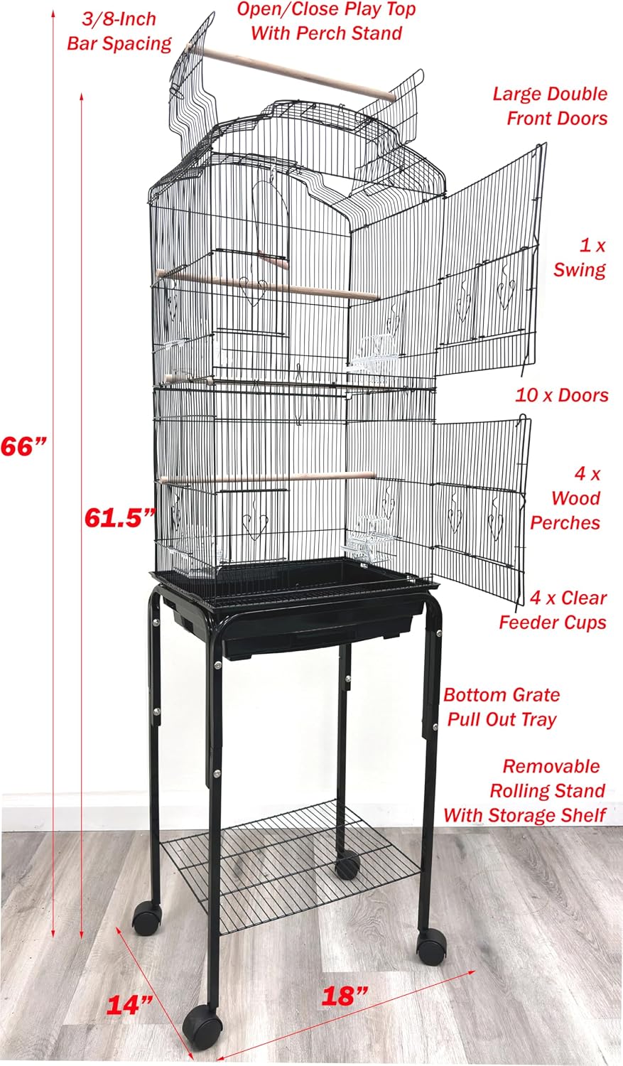 Large Open/Close Top Bird Cage Side Breeding Nest Box Doors Easy Clean Pull Out Tray Clear Feeder Cups for Canary Parakeet Cockatiel Lovebird Finches with Removable Rolling Stand