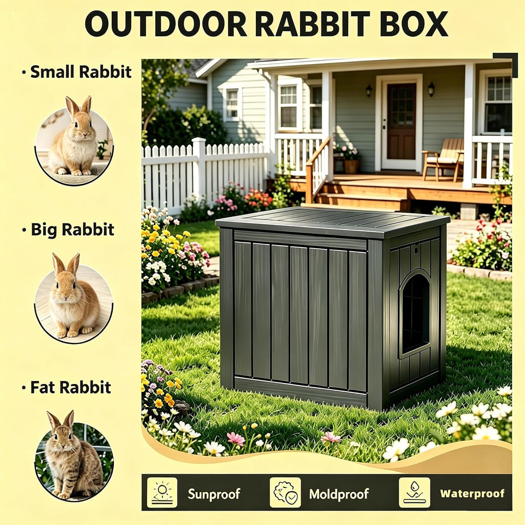 Rabbit Hideout Small Animal Habitat,Litter Box Enclosure Resin Weatherproof Black Bunny House, Multi-Functional Small Pet Hutch for Indoor/Outdoor Use, Ideal for Large Rabbits, Guinea Pigs & Ferrets