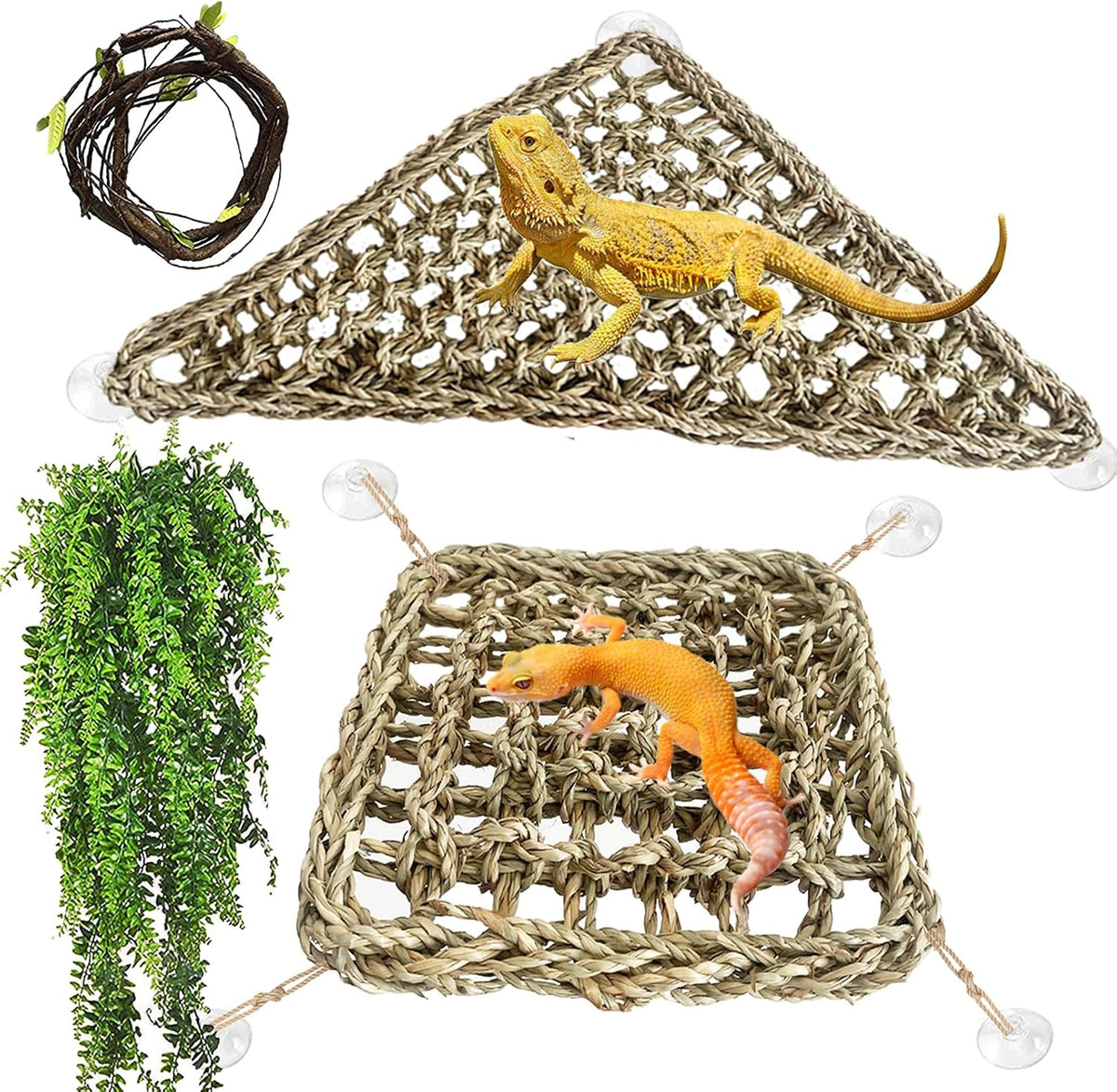 Seagrass Hammock for Bearded Dragon,4PCS Lizard Lounger,Natural Seagrass Gecko Hammocks with Hanging Plants Climbing Jungle Vines Flexible Leaves Habitat Decoration for Lizard Geckos Snakes