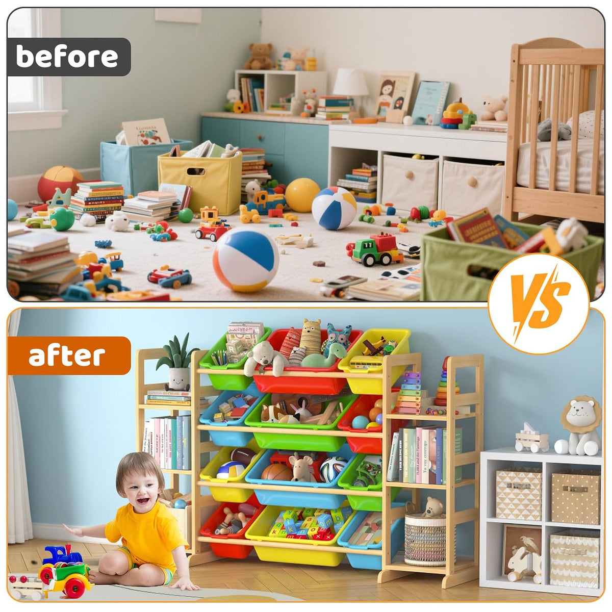 Large Toy Storage Organizer Kids Toy Organizer and Bookshelf Combo with 12 Bins and 6 Shelves Toy Organization Box Toy Shelf for Playroom, Bedroom, Nursery