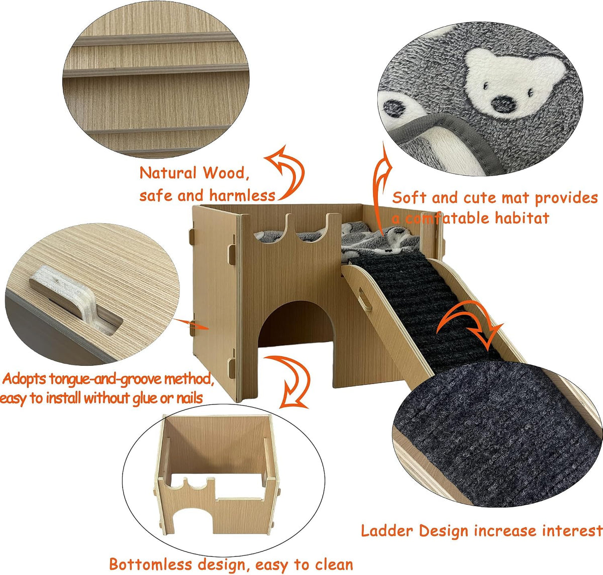 Guinea Pig Castle Hideout, Wooden Hamster House with Stairs & Mat,Small Animal House Hut Habitats 2 Doors for Hamsters Chinchillas Bunny Hiding Playing Sleeping