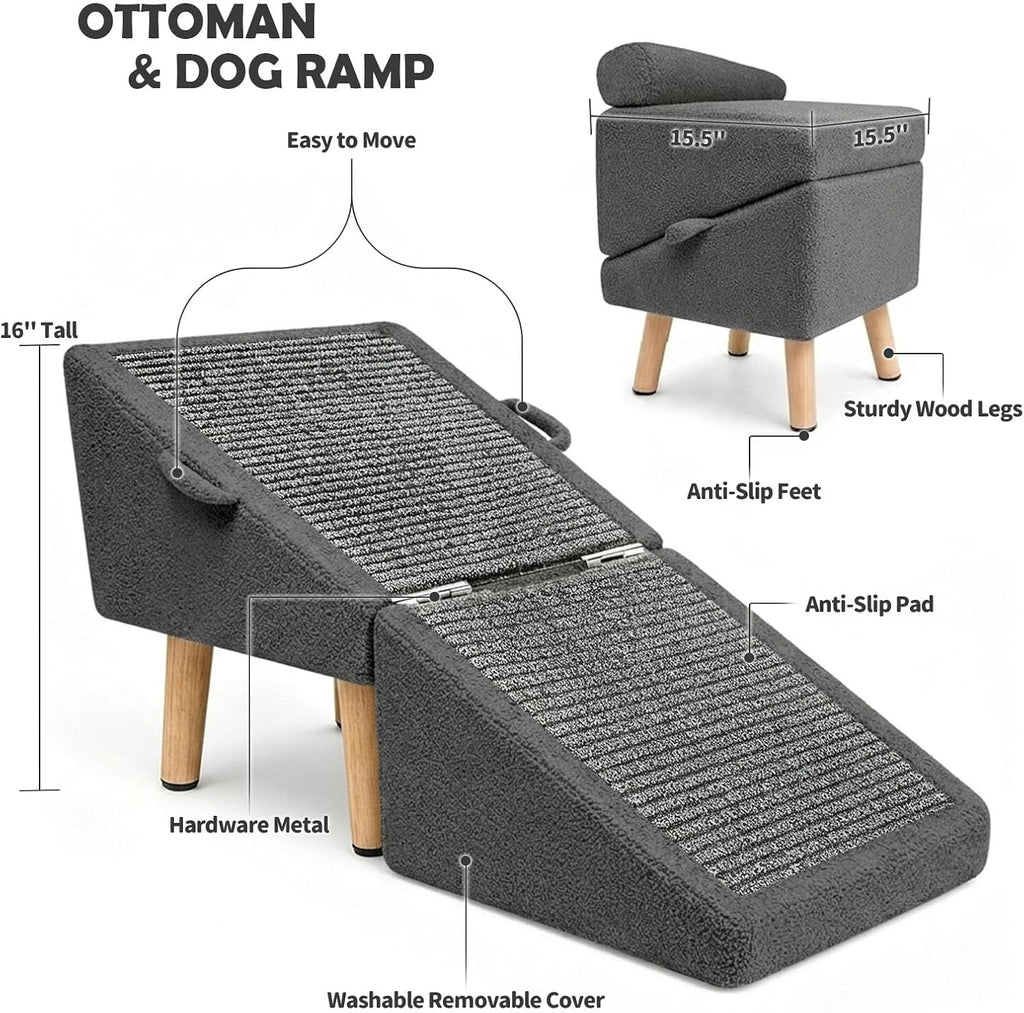 2-1 Foldable Dog Ramp & Ottoman for Couch and Low Bed 16" H
