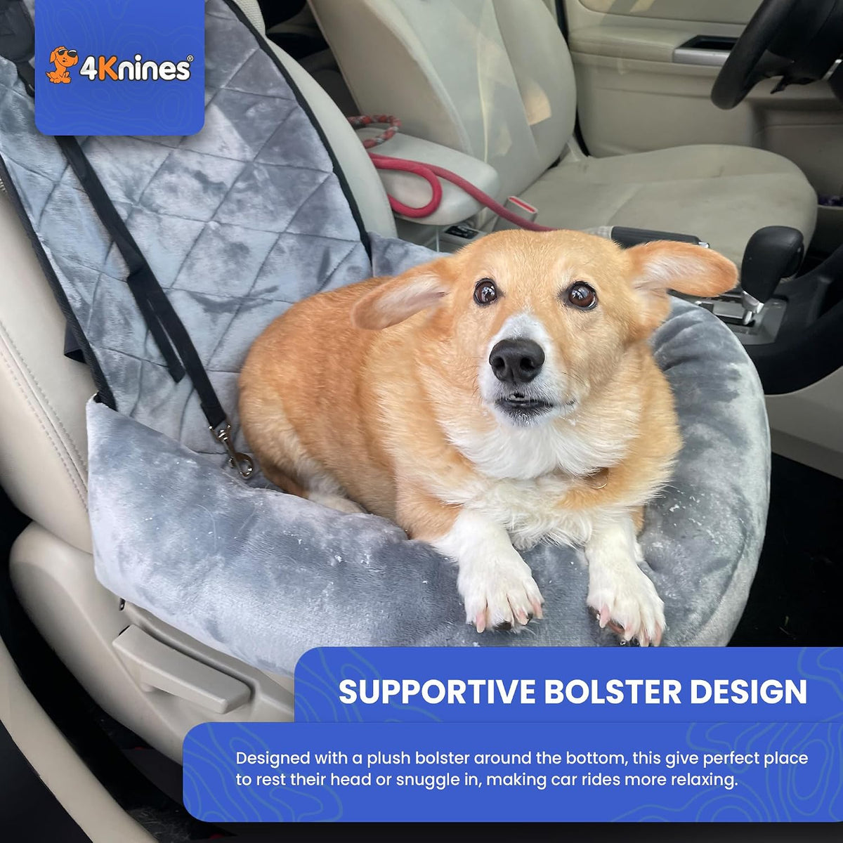 4Knines Dog Car Seat, Plush Travel Bed for Small-Medium Dogs, Grey