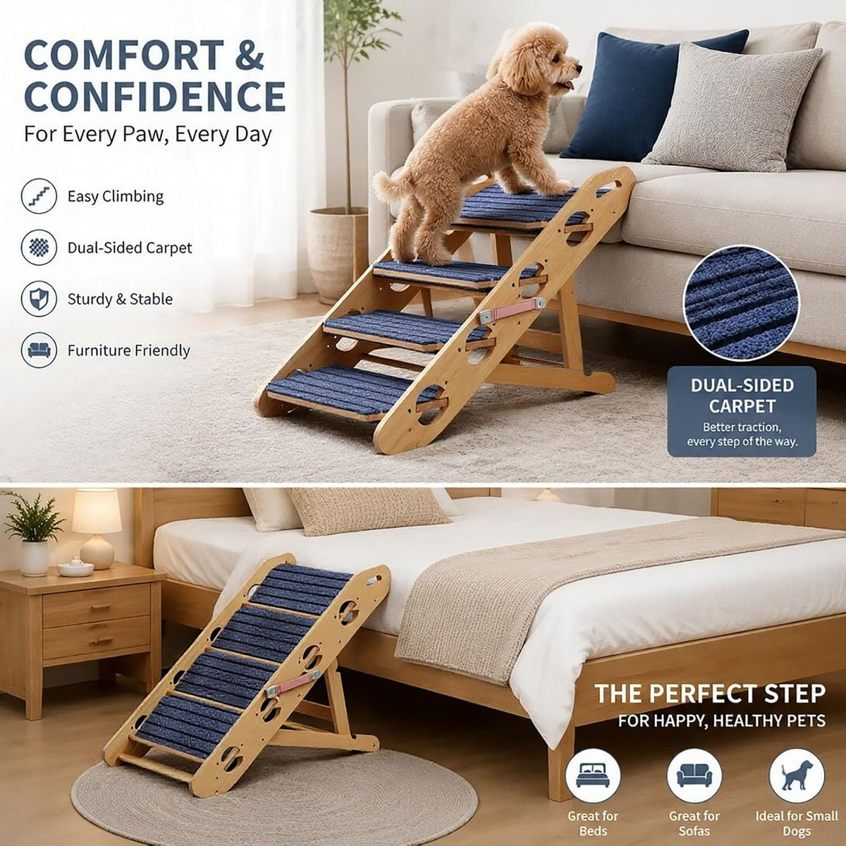 2-in-1 Convertible Dog Ramp & Stairs for Bed/Couch/Sofa, Foldable Pet Ramp Converts to Steps, Adjustable Height with Non-Slip Pad, Lightweight & Sturdy, Helps Senior & Small Dogs Climb Safely(4 Step)