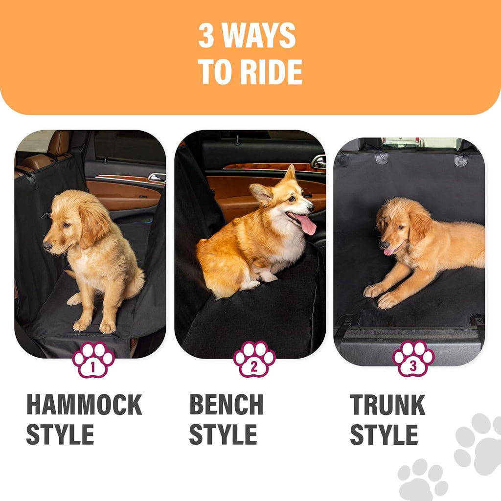 Active Pets Waterproof Hammock Standard Car Seat Cover, Fits Sedans Hatchbacks Crossovers Coupes Compact Vehicles, Secure Convertible Travel Bed Protects Backseat Cargo from Dogs, Black w/Blue Trim