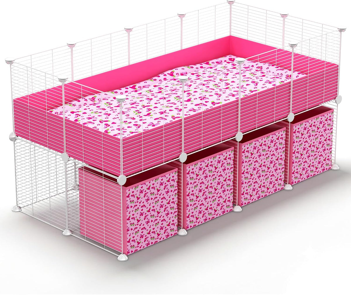 32 Panels 2x4 Pink C&C Cage for Guinea Pigs with Stand 56x28 in Space-Saving 5mm Waterproof coroplast Washable Fleece Liner and 4 Storage Boxes Small Animal Playpen Bunny Cage Hedgehog