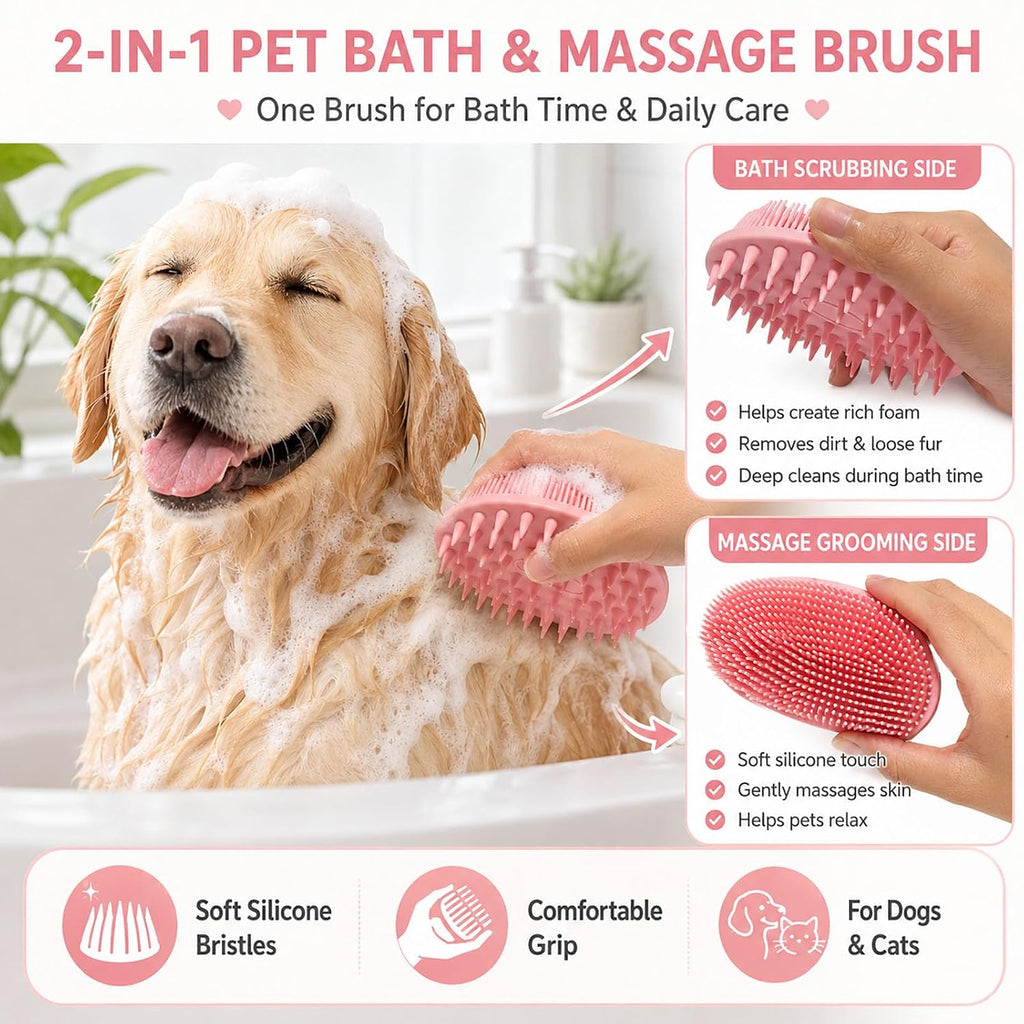 2PCS Double Sided Dog Grooming Brush w/Silicone Dog Bath Brush Pink