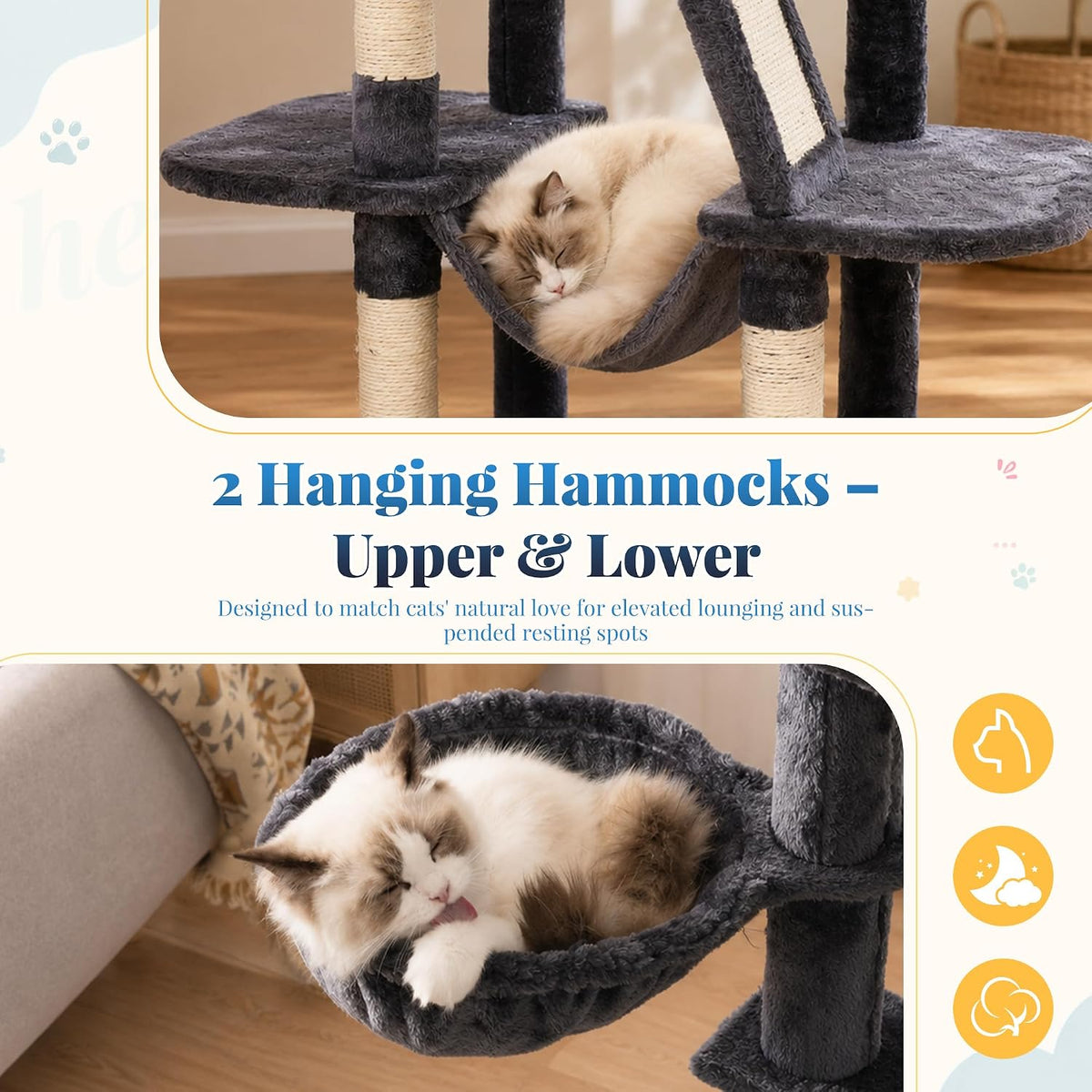 Hey-brother Cat Tree Tower with Padded Platform Bed, Hammock, MPJ019-SG