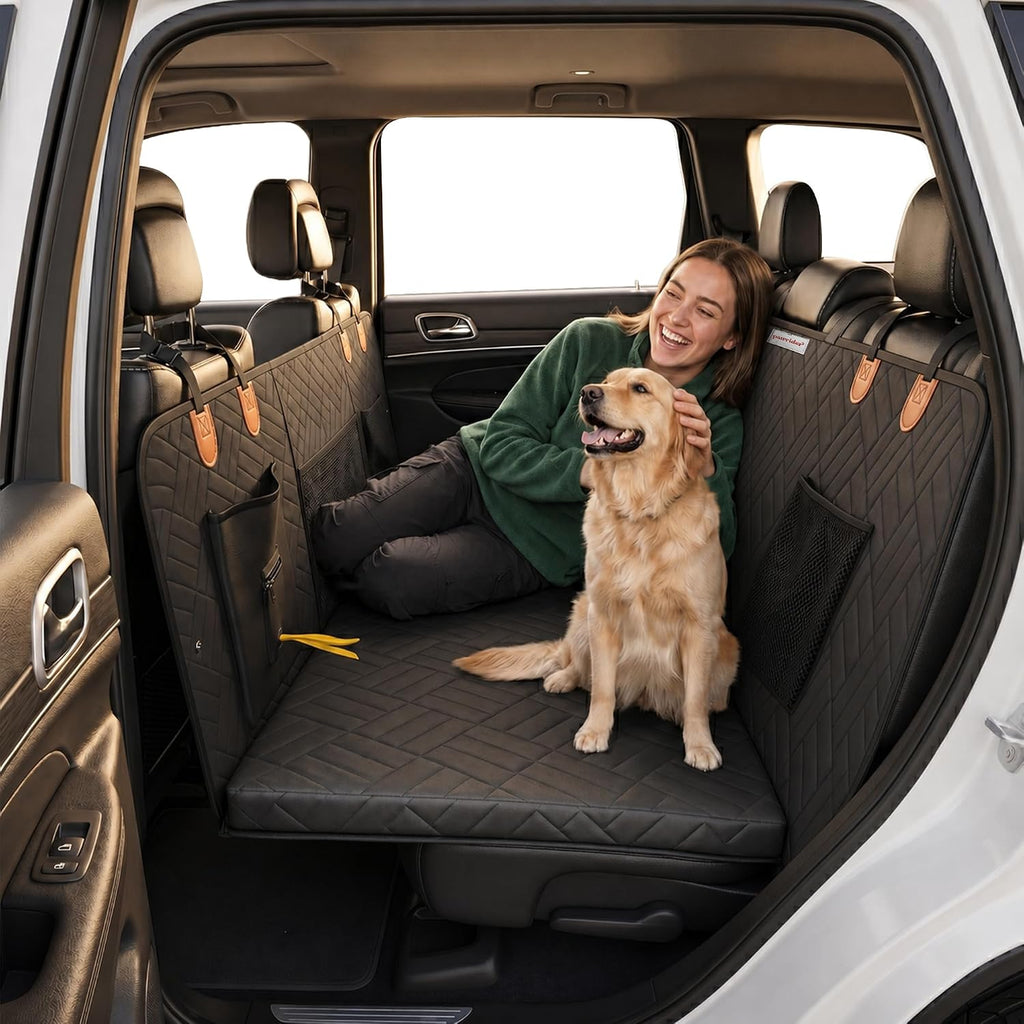 Dog Back Seat Extender - Premium Hard Bottom with Thick Foam, Waterproof Heavy Duty Pet Hammock for Cars, Trucks & SUVs. No-Sag Bridge, Mesh Window & Bonus Accessories (Black)