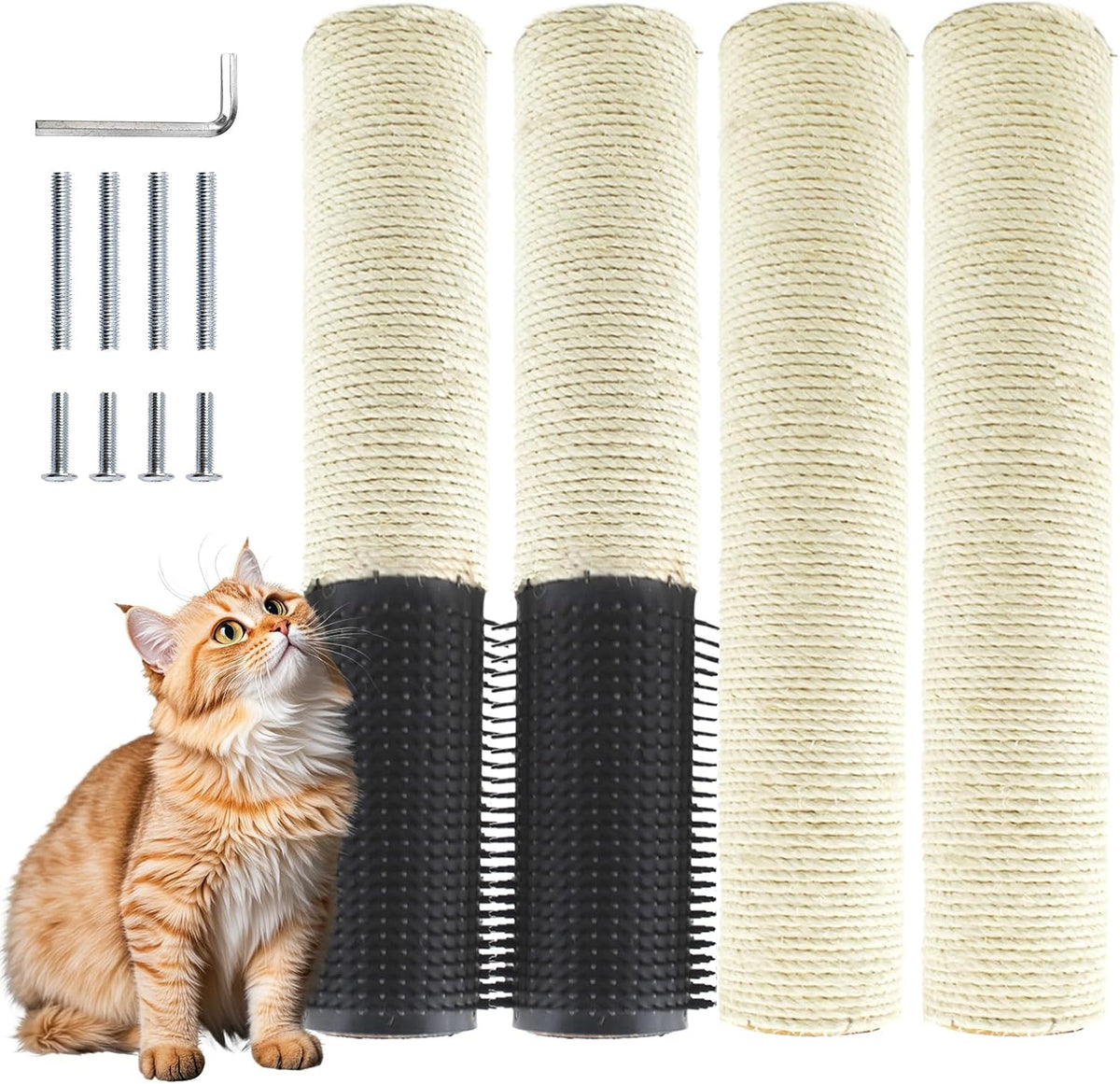 4pcs M8 Cat Scratching Post Replacements,15.7 in Sisal Cat Tree Replacement Poles with Self Groomer Massage Sisal Pole Parts for Indoor Cats Kitten Tree Furniture Protector