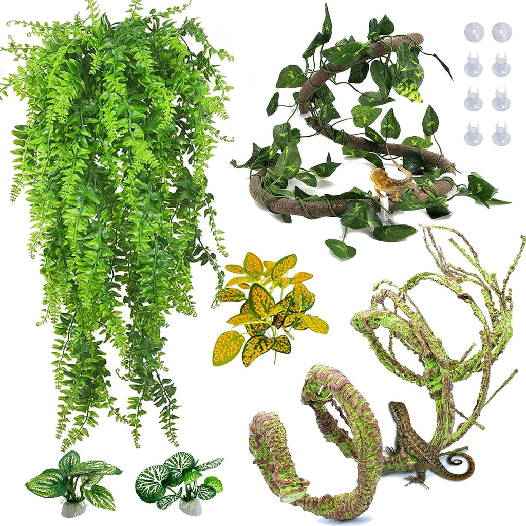 PINVNBY 10 PCS Reptile Plants Vine, Terrarium Hanging Flexible Climbing Artificial Leaves Reptile Hide, Bearded Dragon Tank Accessories, Terrarium Decor for Leopard Gecko Lizard Snake Geckos