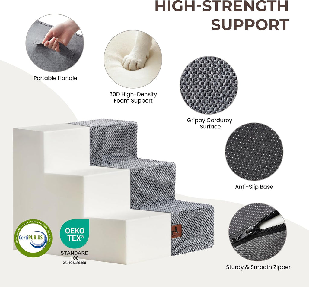 Dog Stairs 3-Step 13.5” H for Bed and Couch Grey