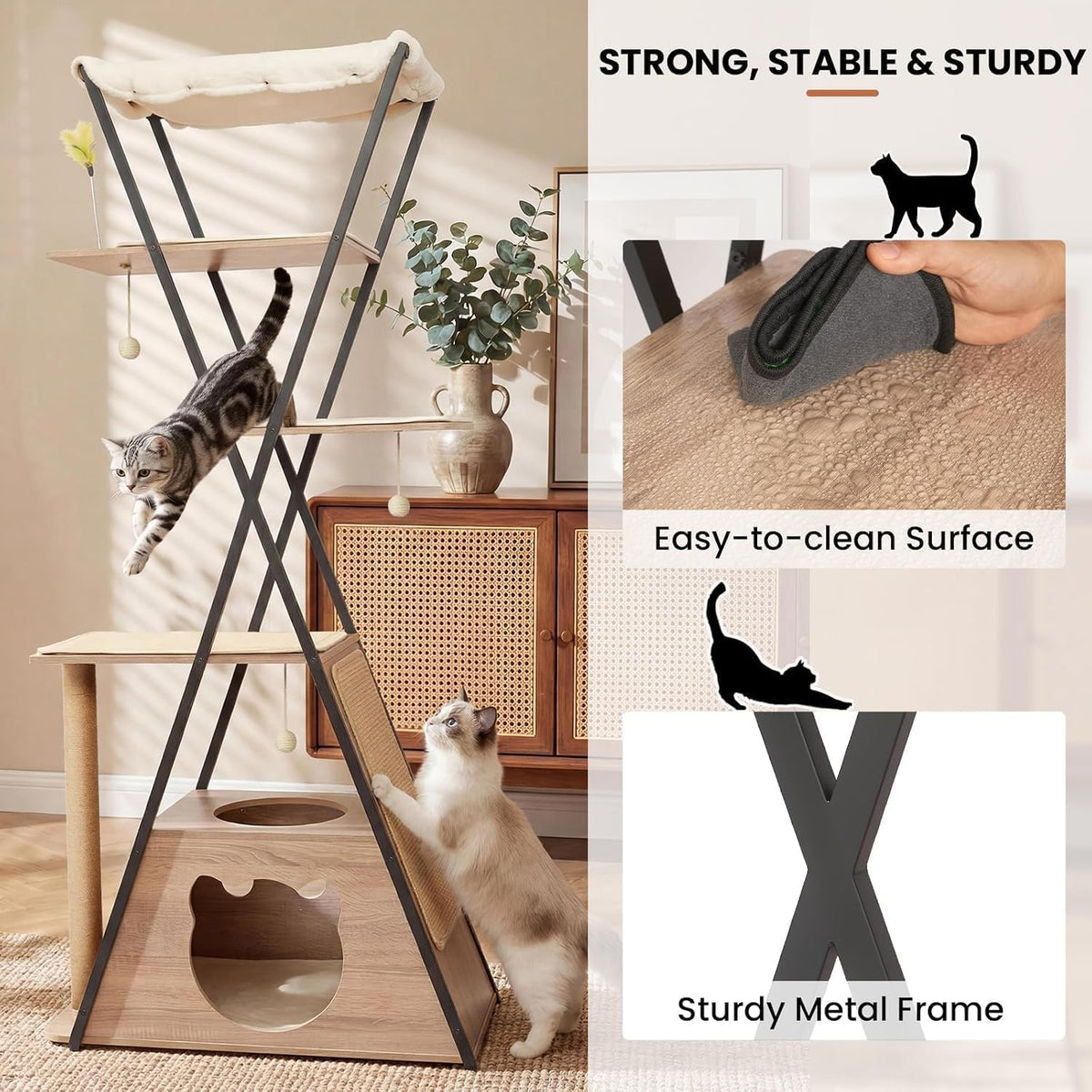 71" Modern Wood Cat Tree for Large Cats - Heavy Duty Tall Cat Tower for Indoor Cats, Multi-Level Cat Furniture with Spacious Condo, Large Perch, Scratching Posts & Hammock (Beige)