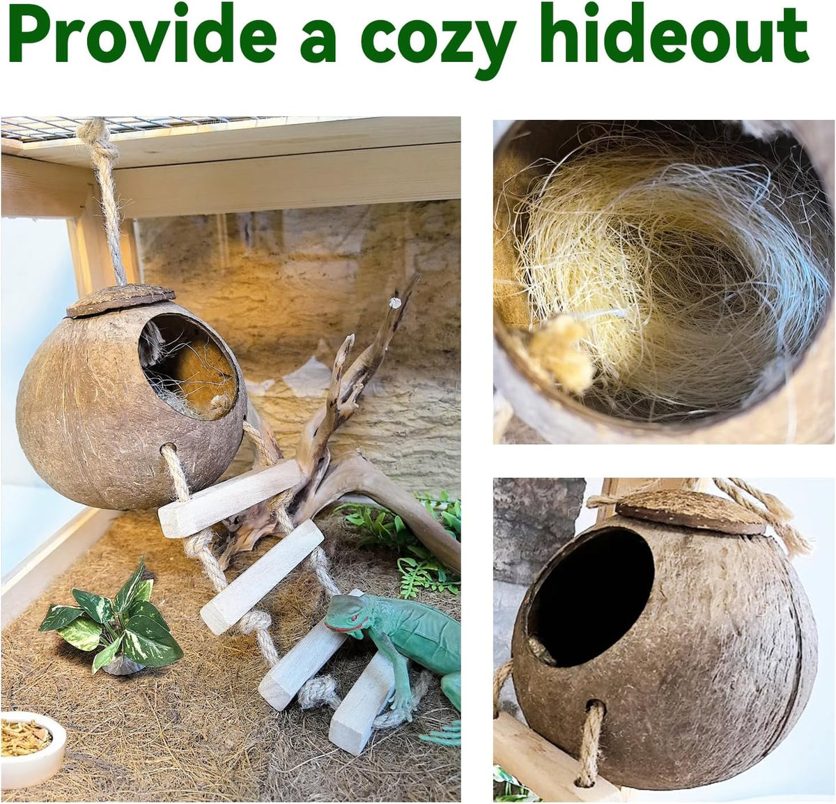 Tfwadmx Crested Gecko Coconut Shell Hide with Ladder Hanging Reptile Vine